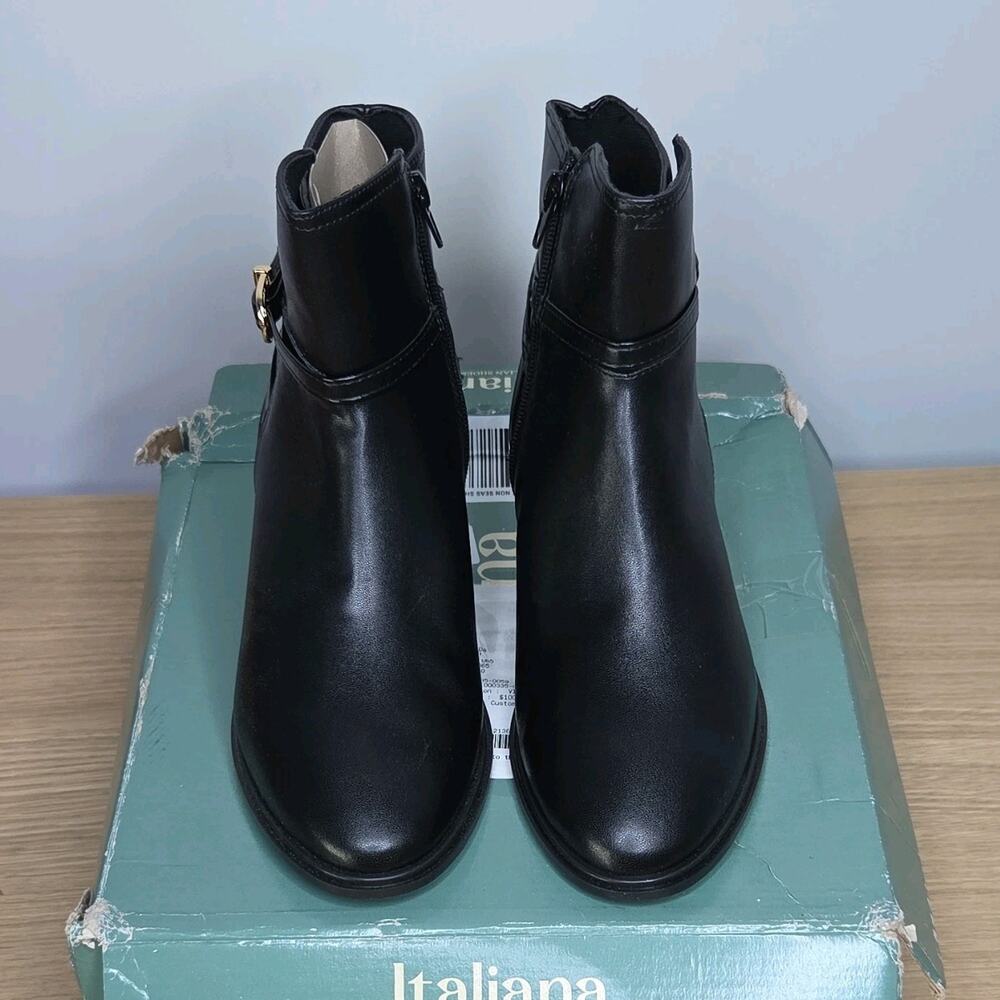 Italiana Vienna Black Faux Leather Ankle Boot Almond Toe Zip Buckle Women's 8 M